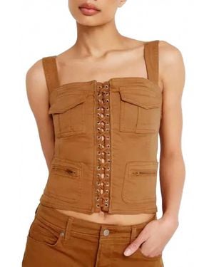 GOOD AMERICAN Sleeveless Twill Corset Tank Top - Brown