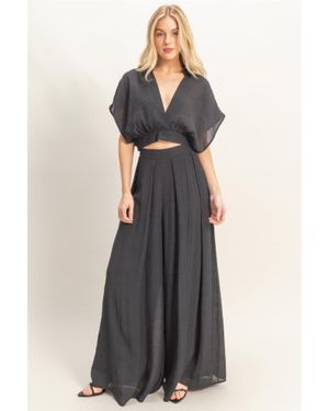 TRUEDAMES Collared Wrap Top & Wide-Leg Pants Set - Black