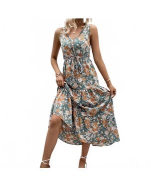 The Moment Collection Floral V-Neck Tiered Sleeveless Dress - Blue