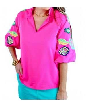 Jess Lea Embroidered Puff Sleeve Top - Pink