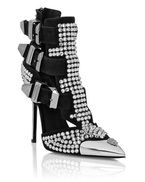 Philipp Plein Suede Strass Sandals High Heels Skull - Black