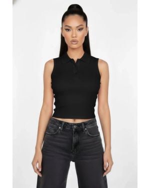 TRUEDAMES Slim-Fit Sleeveless Polo Collar Crop Top - Black
