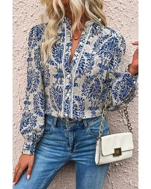 TRUEDAMES Bohemian Printed Bishop Sleeve Lace Shirt - Blue