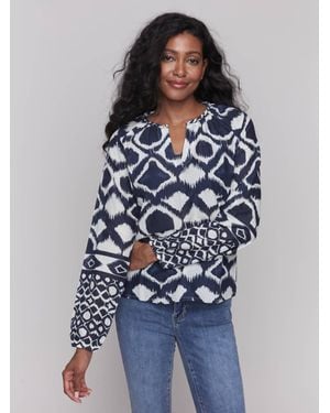 Charlie b Printed Long Sleeve Popover Blouse - Blue