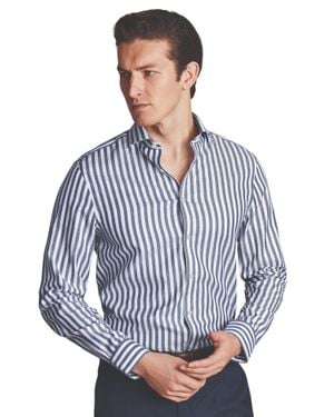 Charles Tyrwhitt Wide Stripe Non-Iron Twill Cutaway Slim Fit Shirt Single Cuff - Blue