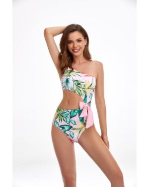 TRUEDAMES Solid One Shoulder Cut Out Waist Knot Swimsuit - White