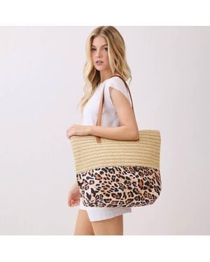 Fashnzfab Leopard Print Straw Tote Shoulder Bag - Pink