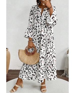 TRUEDAMES Leopard Print Notch V Neck Loose Fit Maxi Dress - White