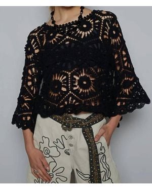 Pol Round Neck Crochet Knit Crop Top - Black