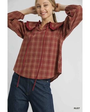 TRUEDAMES Full Size Plaid Ruffle Collar Blouse Plus Size - Red