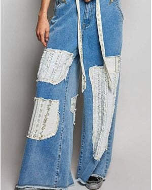 Pol Boho Vintage Patchwork Denim Wide Leg Pants - Blue