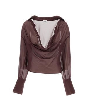 ANDAMANE Sheer Silk Blend Blouse With Deep V-Neckline And Tailored Darts - Brown