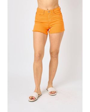 Judy Blue Mid Rise Frayed Hem Denim Shorts - Orange