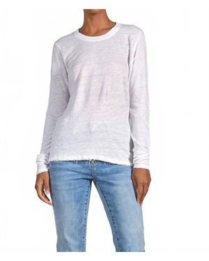 Elan Long Sleeve Linen Fray Crew Neck Tee - Blue