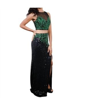 Zasa Chic Embroidered Sequin Two-Piece Gown - Green