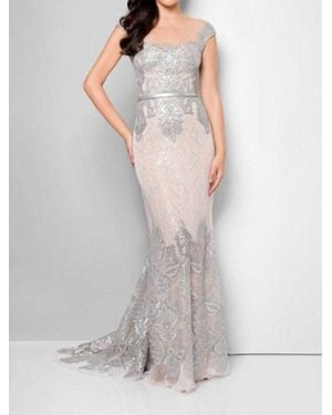 Terani Embroidered Lace Mermaid Gown - Gray