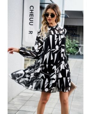 TRUEDAMES Ruffle Neck Abstract Print Long Sleeve Tiered Dress - Black