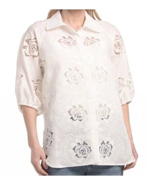 Tahari Front Button Floral Embroidered Blouse - White
