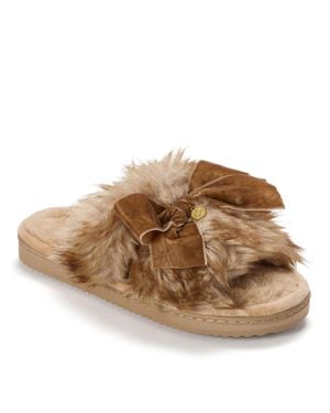 Dearfoams Bianca Pile Slide Slipper With Bow - Brown