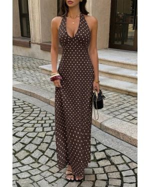 TRUEDAMES Polkadot Halter Bodycon Sleeveless Long Dress - Gray