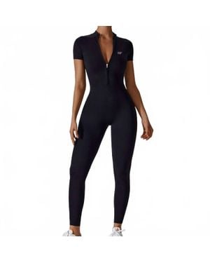 Rockstar Peach Scuba Zip Short Sleeve Jumpsuit - Blue