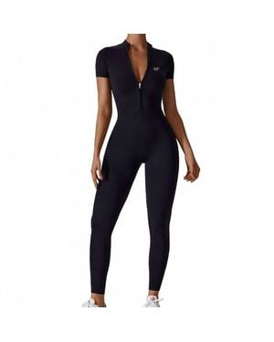 Rockstar Peach Scuba Zip Short Sleeve Jumpsuit - Blue