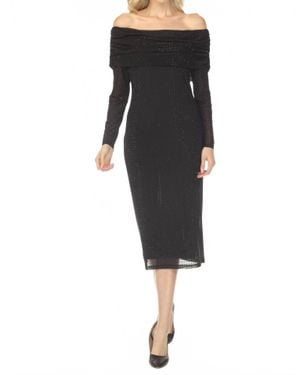 Joseph Ribkoff Rhinestone Off-Shoulder Ruched Midi Dress - Black