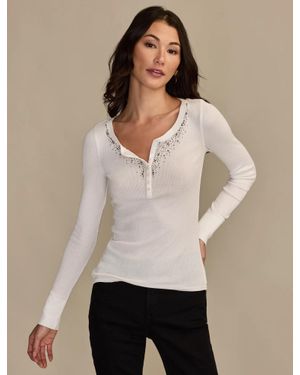 Lucky Brand Embellished Henley Top - Natural