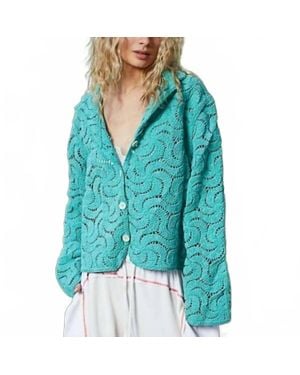Pol Long Sleeve Varied Crochet Pattern Cardigan - Blue