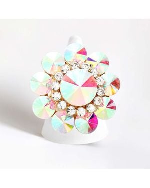 Fashnzfab Round Crystal Flower Stretch Ring - White