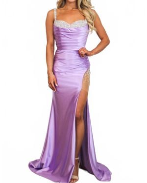 Cinderella Divine Priscilla Embellished Satin Slit Formal Dress - Purple