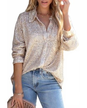 Full Time Purchase Luxe Sequin Collared Buttoned Shirt - Metallic