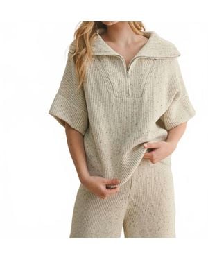 Miou Muse Half Zip Short Sleeve Knitted Top - Natural