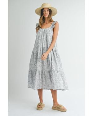 TRUEDAMES Floral Ruffle Shoulder Tiered Midi Dress - Gray