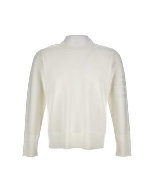 Thom Browne Crewneck Sweater With Textured Stripes And Tricolor Tab - White