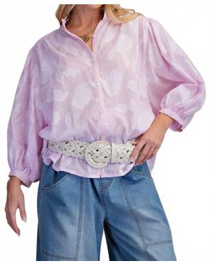 Easel Floral Textured Button-Down Blouse - Purple