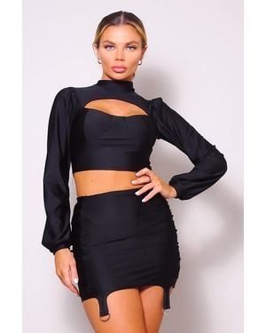 TRUEDAMES Puff Long Sleeve Front Cutout Turtleneck Blouse & Side Ruched Garter Mini Skirt Set - Black
