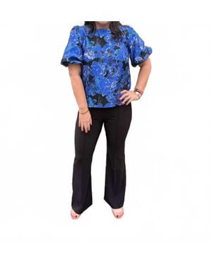 Fate Bold Floral Jacquard Fabric Short Puff Sleeve Top - Blue