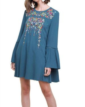 Umgee Floral Embroidered Bell Sleeve Mini Dress - Blue