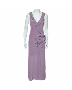 Moschino Cheap & Chic Lilac Silk Chiffon Rose Floral Draped Slit Detail Maxi Dress - Purple