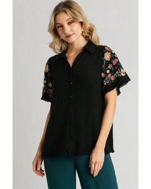 TRUEDAMES Full Size Linen Shirt With Embroidered Sleeves Plus Size - Black
