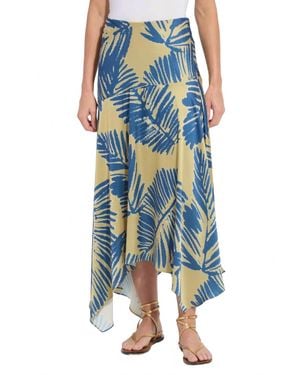 Lyssé Catriona Leaf Print Handkerchief Hem Hammered Satin Skirt - Blue