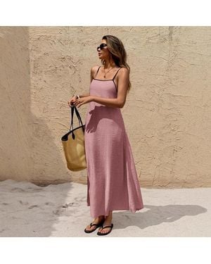 TRUEDAMES Off-The-Shoulder Backless Solid Color Suspender Strap-Up Long Dress - Pink
