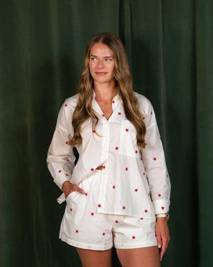 Day + Moon Star Embroidered Button Down Oversized Shirt - Green