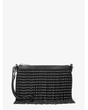 Michael Kors Outlet Jet Set Travel Small Studded Fringed Polyester Microsuede Wristlet - Black