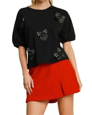 Umgee French Terry Top With Rhinestone Ribbon Detail - Black
