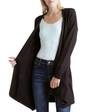 Kensie Long Sleeve Draped Fleece Knit Jacket With Pockets - Black