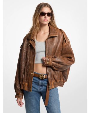 Michael Kors Oversized Burnished Leather Jacket - Blue