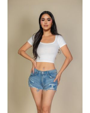 TRUEDAMES Tight Knitted Square Neck Short Sleeve T Shirt - Blue