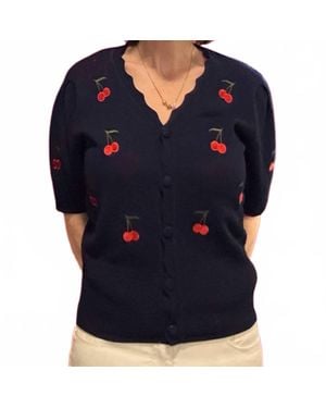 Bluivy Cherry Embroidered Knit Top - Blue